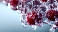 Fresh red raspberries covered in pure water drops and bubbles against light blue background, macro photography showing intricate details of fruit and liquid.