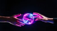 Two hands holding a glowing neon sphere with vibrant magenta and cyan energy, isolated on dark background for design projects and digital artwork.