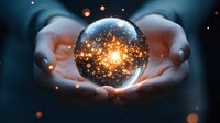 Glowing crystal ball with magical golden light particles held in gentle hands against dark background, creating mystical fortune telling atmosphere.