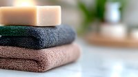 Soft folded cotton towels in neutral colors with natural soap bar on top against blurred bathroom background, creating spa-like atmosphere for wellness and relaxation.