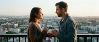 Young couple having intimate conversation on urban rooftop balcony at sunset, holding coffee cups with cityscape view behind them.