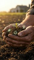 Farmer holding young seedling with soil in hands against blurred agricultural field and farmhouse background at sunset, symbolizing growth and sustainable farming practices.