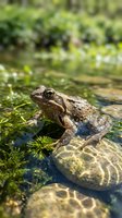 Brown toad sitting on wet moss and rocks in shallow water with green aquatic plants in natural wetland habitat environment.