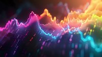 Colorful financial chart with glowing neon lines showing market data analysis on dark background, digital visualization of stock trading statistics and trends.