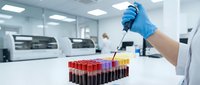 Medical laboratory technician in blue gloves handling blood sample tubes with pipette in modern clinical research facility for diagnostic testing.