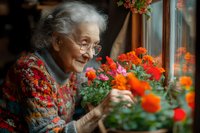 Senior Caucasian woman with silver hair and glasses smiling while tending to vibrant orange and red flowers on windowsill, wearing colorful knitted sweater, expressing joy and contentment.