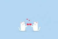 Cute white cartoon cats in love exchanging heart symbols on light blue background, romantic animal illustration for Valentine's Day designs.