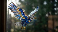 Stained glass eagle with spread wings in blue and gold colors flying against blurred natural background. Decorative art piece for windows and interior design.