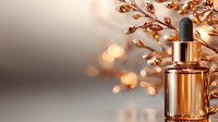 Luxury cosmetic dropper bottle with golden metallic leaves and bokeh lights background, elegant skincare serum packaging mockup for beauty product branding.