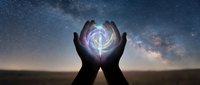 Hands cupping glowing energy orb under starry night sky with Milky Way galaxy. Spiritual healing, meditation, cosmic connection and mystical power concept.
