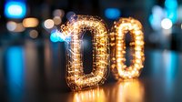 Glowing wire letters DO with warm yellow lights against blurred blue bokeh background create romantic atmosphere for wedding or party decoration.