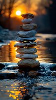 Balanced stone tower on water surface at sunset, with golden sunlight creating dramatic reflections. Perfect for wellness, meditation, and spa promotional materials.