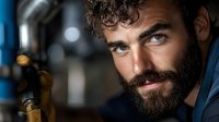 Young bearded man with curly hair and blue eyes looking at camera in industrial workshop setting with tools and equipment in blurred background.