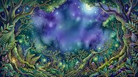 Enchanted forest frame with mystical night sky, glowing stars, and cosmic aurora surrounded by ornate foliage and magical woodland elements for fantasy and celestial design projects.