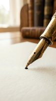 Vintage fountain pen nib on paper with warm lighting and blurred books in background for writing and literature concepts.