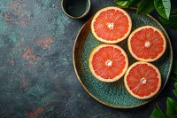 Fresh halved pink grapefruit circles arranged on turquoise ceramic plate against dark textured background with green leaves, top view food photography.