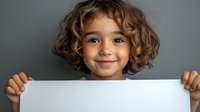 Young mixed race child with curly hair holding blank white poster board against gray background, smiling warmly. Ideal for education and childhood themes.