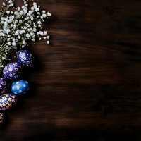 Decorated Easter eggs in blue and purple with delicate white baby's breath flowers on dark wooden background, corner composition with copy space.