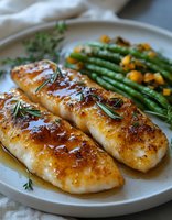 Seared chicken breasts with golden-brown crust, fresh rosemary garnish, served with roasted green beans and corn on elegant white plate for fine dining and home cooking.