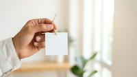 Close-up of hand holding blank white square card with clothespin against blurred interior background with natural window light for mockup and branding purposes.