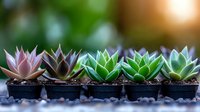 Row of colorful succulent plants in black pots with green and purple leaves arranged for gardening and home decoration on blurred natural background.