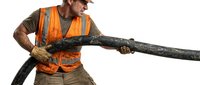 Strong construction worker in safety vest pulling thick rope with determination on white background isolated for design use.