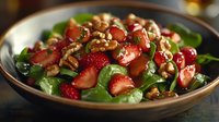 Fresh spinach salad with sliced strawberries, candied pecans and balsamic dressing in rustic ceramic bowl, close up view on dark background.