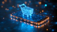 Glowing blue shopping cart hologram floating above smartphone screen with bokeh light effects in dark background, representing digital e-commerce technology.