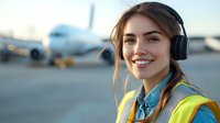 Young female airport ground crew worker in safety vest and headphones smiling at airport tarmac with commercial airplane in blurred background during sunset.
