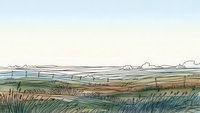 Rural countryside landscape with rolling hills, wooden fence, and grass fields under cloudy sky. Hand-drawn agricultural scenery for nature and farming concepts.