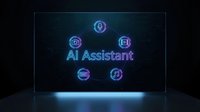 AI Assistant holographic display with glowing blue neon icons for voice, chat, music and settings on futuristic transparent screen for tech presentations.