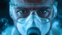 Close up portrait of medical professional wearing protective face mask and safety goggles in dramatic blue lighting, focused determined eyes visible.