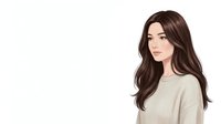 Young woman with long dark brown wavy hair and fair complexion wearing a light beige casual shirt, isolated on white background for design and commercial use.