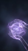Transparent hands holding glowing purple energy sphere with magical particles and light effects on dark gradient background for fantasy designs.
