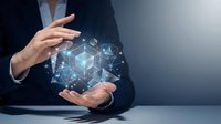 Professional businesswoman hands protecting holographic blockchain network with glowing cubes and connections representing digital security and innovation.