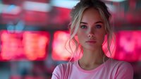Young Caucasian woman with blonde hair in pink top against vibrant neon red background with bokeh lights creating modern urban nightlife atmosphere.