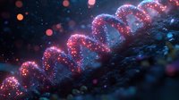 Glowing pink DNA helix structure floating in dark space with sparkling particles and bokeh lights creating magical scientific atmosphere. Suitable for genetics research.