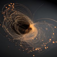 Golden light trails forming a spiral vortex against dark background, creating abstract cosmic energy pattern for science or technology concepts.