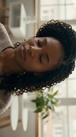 Young woman with dark skin tone and braided hairstyle relaxing indoors with eyes closed, wearing cozy sweater near window with plant and fan visible.