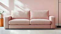 Modern pink sofa on pink wall background with natural sunlight and shadows, minimalist living room interior with potted plant and floor lamp.