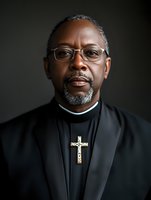 Portrait of mature African American clergy member wearing traditional black clerical collar and cross necklace against dark background, conveying wisdom and spiritual leadership.