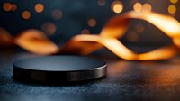 Black round podium on dark surface with golden bokeh lights and glowing ribbon in background creates atmospheric product display setting for luxury merchandise.