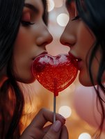 Young couple sharing heart-shaped red lollipop candy on romantic date with warm bokeh lights background for Valentine's Day celebration and love concept.