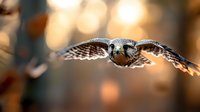 Majestic owl in flight with wings spread wide against blurred autumn forest background. Powerful raptor bird soaring through golden sunlight with detailed feathers.