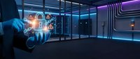 Young male professional in business suit interacting with holographic data visualization interface in modern office with neon lighting, representing digital transformation and technology innovation.