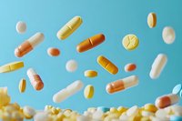 Flying pills and capsules on turquoise background, pharmaceutical medication in motion, healthcare concept with white, yellow and orange tablets.