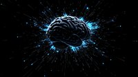 Glowing brain with blue energy explosion effect on black background, radiating light beams and particles. Creative concept for mind power and intelligence.