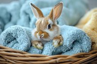 Adorable brown and white bunny rabbit nestled in soft blue towel inside wicker basket, looking at camera with bright eyes and perked ears.