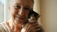 Senior Caucasian woman holding adorable calico kitten close to her face, showing intergenerational bond between elderly person and young pet in warm indoor setting.