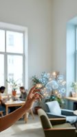Hand holding digital cloud computing interface with glowing icons for data storage, network connectivity, and technology solutions in modern office workspace with colleagues working at desks.